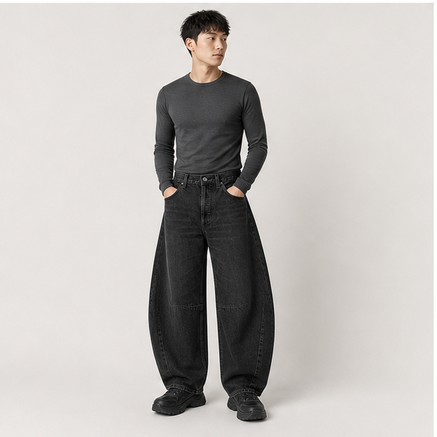 Womens Barrel Jeans Wide Leg Y2K Boyfriend Denim Pants Hip Hop Vintage Baggy Jeans Cotton Mid-Low Elastic Waist Pants - model view
