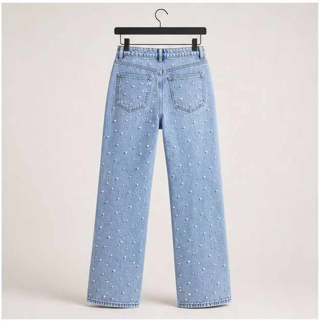 Women's High Waisted Jeans Boyfriend Baggy Wide Straight Leg Casual Denim Pants Trousers - back view