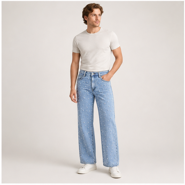 Women's High Waisted Jeans Boyfriend Baggy Wide Straight Leg Casual Denim Pants Trousers - model view