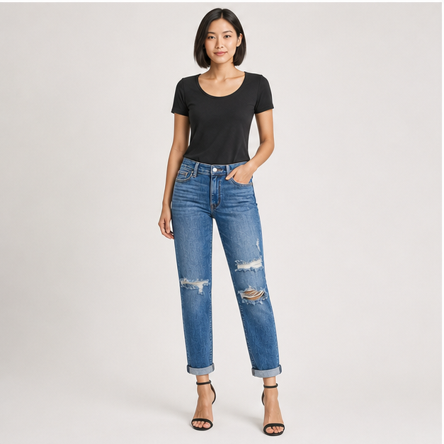 Women's Ripped Mid Waisted Boyfriend Jeans Loose Fit Distressed Stretchy Denim Pants - model view