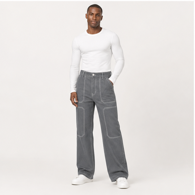 Women's Casual Mid Waist Cargo Jeans Stretch Button Wide Leg Denim Pants with Pockets - model view