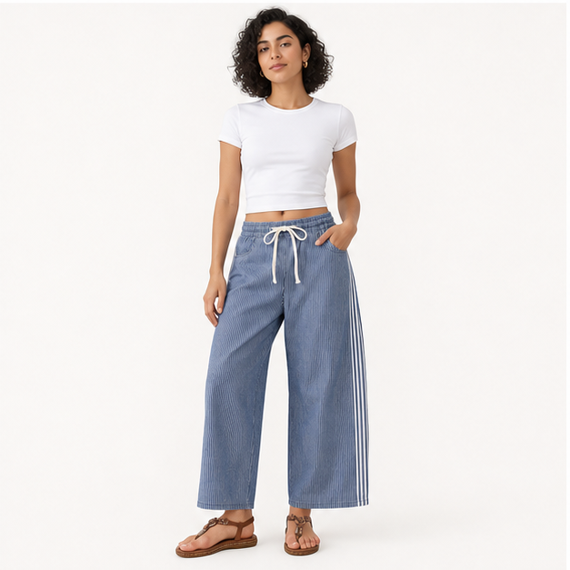 Women's Baggy Wide Leg Jeans Mid Rise Barrel Denim Ankle Pants Casual Striped Pull On Drawstring Trousers with Pockets - model view