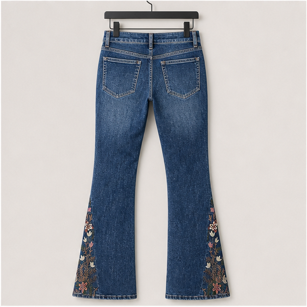 Women's Floral Embroidery Mid Waist High Stretch Bootcut Jeans with Pockets - back view