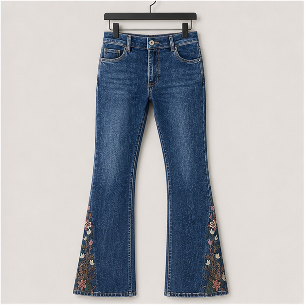 Women's Floral Embroidery Mid Waist High Stretch Bootcut Jeans with Pockets - front view