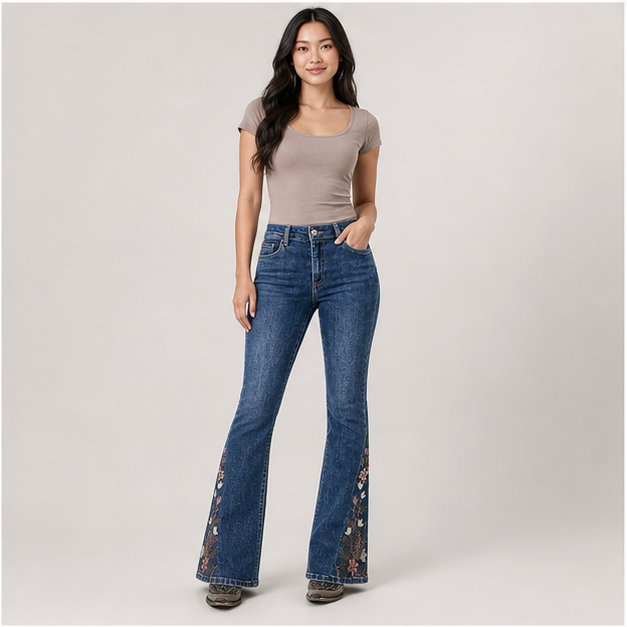 Women's Floral Embroidery Mid Waist High Stretch Bootcut Jeans with Pockets - model view