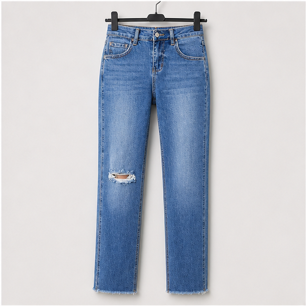 Women's High Waisted Boyfriend Jeans Trendy Ripped Straight Leg Raw Hem Stretchy Ankle Denim Pants - front view