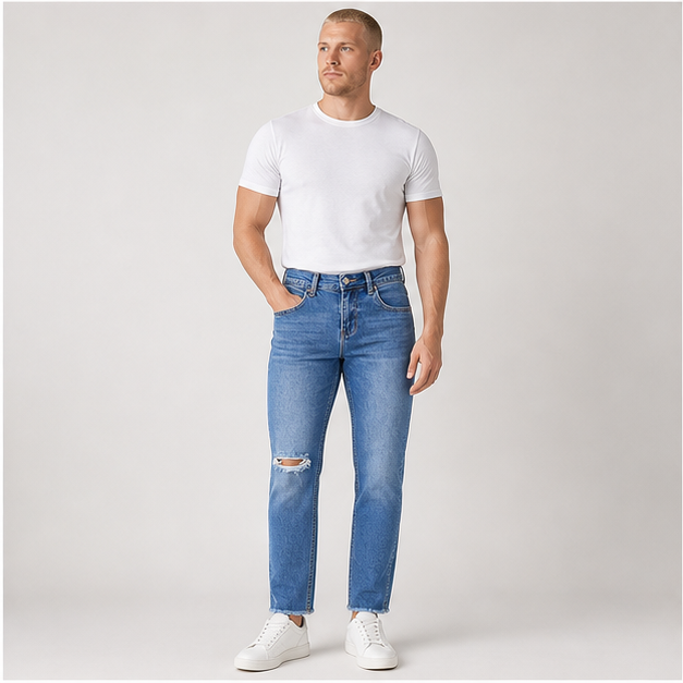 Women's High Waisted Boyfriend Jeans Trendy Ripped Straight Leg Raw Hem Stretchy Ankle Denim Pants - model view