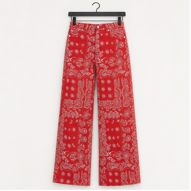Womens Baggy Wide Leg Jeans Floral Print Boho High Waist Vintage Boyfriend Denim Pants with Pockets - front view