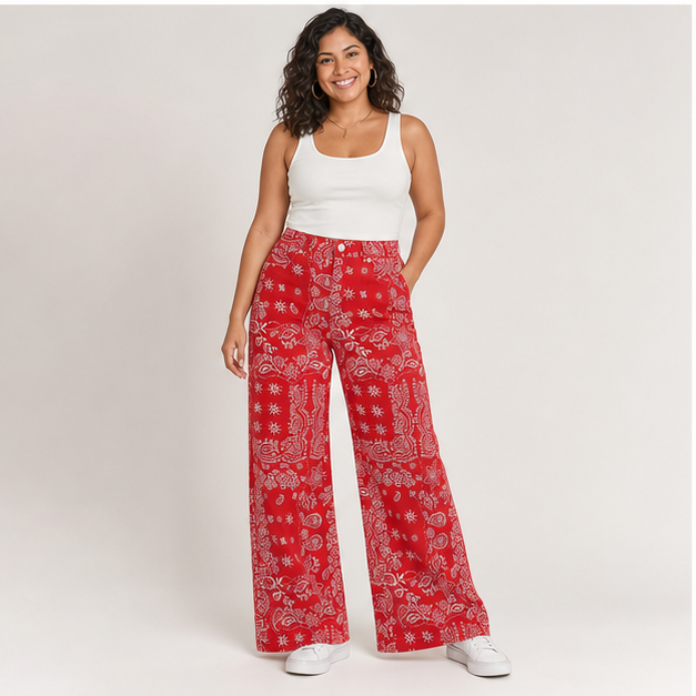 Womens Baggy Wide Leg Jeans Floral Print Boho High Waist Vintage Boyfriend Denim Pants with Pockets - model view