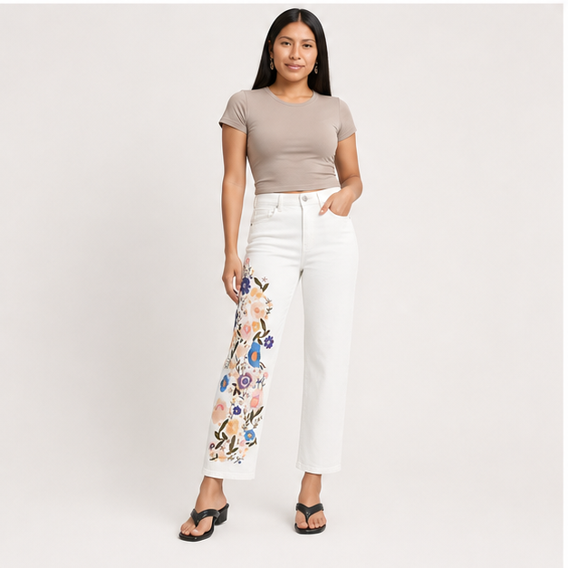 Straight Leg Cropped Jeans for Women Trendy Mid Rise Floral Print Boho Casual Denim Ankle Pants - model view