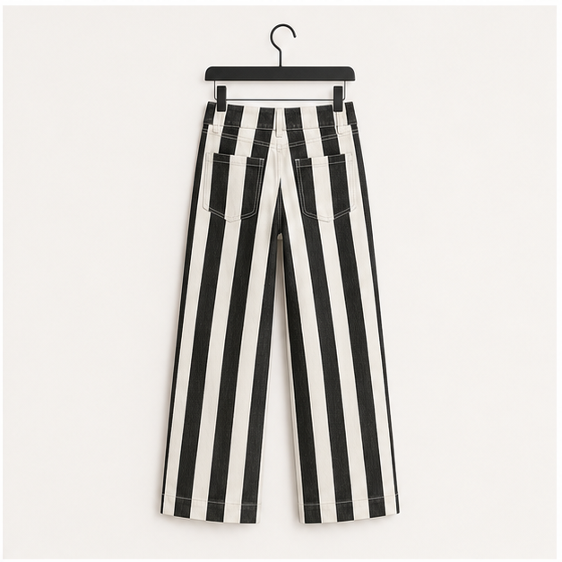 Womens Cropped Striped Jeans Casual High Waisted Stretchy Polka Dots Straight Leg Denim Pants with Pockets - back view