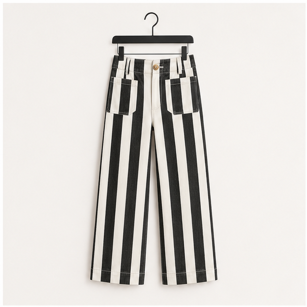 Womens Cropped Striped Jeans Casual High Waisted Stretchy Polka Dots Straight Leg Denim Pants with Pockets - front view