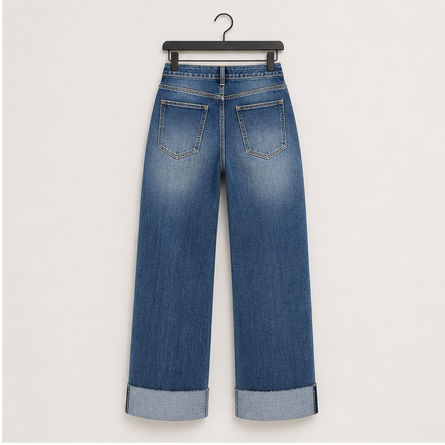 Women's High Waisted Stretchy Wide Leg Jeans Cuffed Baggy Jeans Loose Denim Pants - back view
