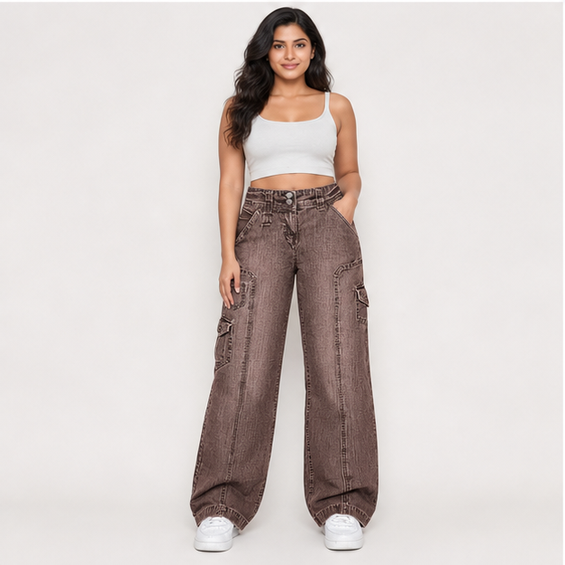 Cargo Pants Women Stretchy Wide Leg Baggy Jeans with Pockets Casual Trousers Y2K Vintage Streetwear Trendy 2026 - model view