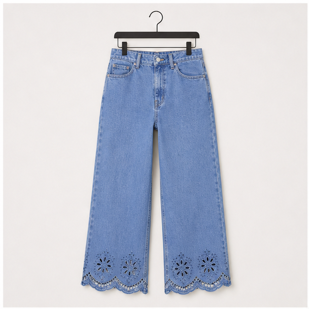 Womens Wide Leg Embroidered Jeans High Waisted Stretchy Straight Leg Loose Fit Ankle Denim Pants - front view