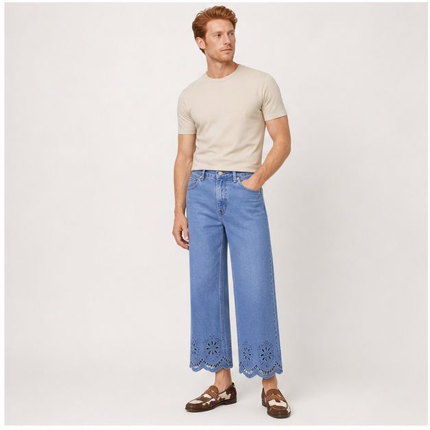 Womens Wide Leg Embroidered Jeans High Waisted Stretchy Straight Leg Loose Fit Ankle Denim Pants - model view