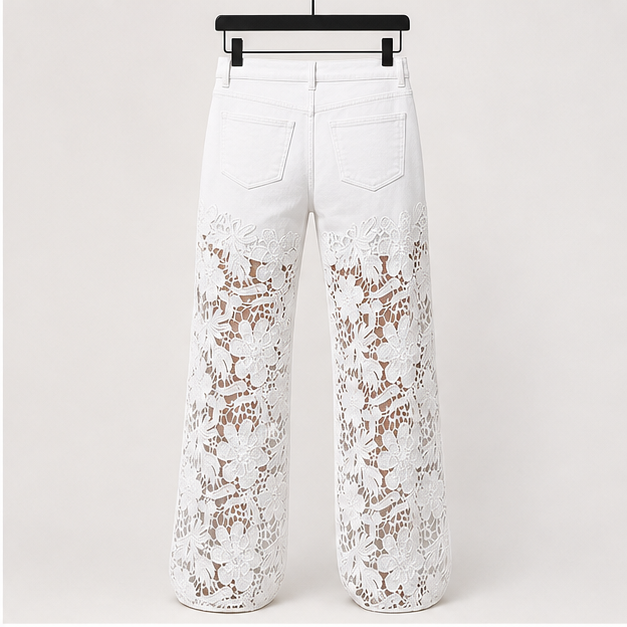 Women's High Waist Jeans Lace Spliced Stretchy Zipper Wide Leg Pants with Pockets Hollow-Out Baggy Jeans - back view