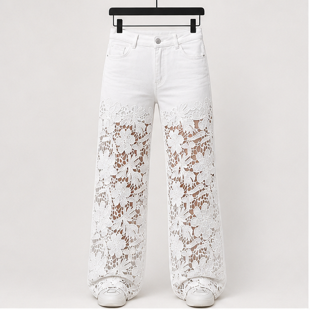 Women's High Waist Jeans Lace Spliced Stretchy Zipper Wide Leg Pants with Pockets Hollow-Out Baggy Jeans - front view