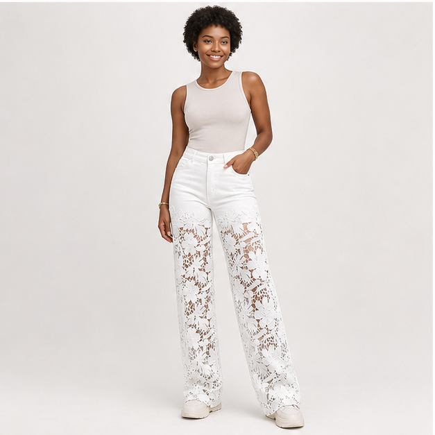 Women's High Waist Jeans Lace Spliced Stretchy Zipper Wide Leg Pants with Pockets Hollow-Out Baggy Jeans - model view