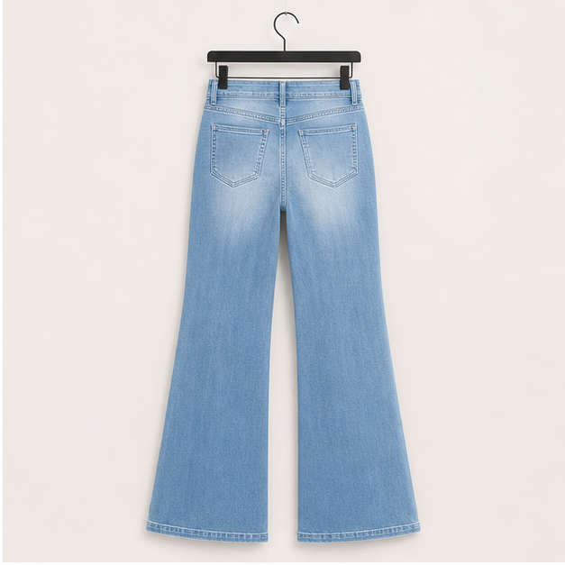 Women's Flare Bell Bottom Jeans 2026 Mid Waisted Wide Leg Bootcut Jeans Stretchy Denim Pants with Pocket - back view