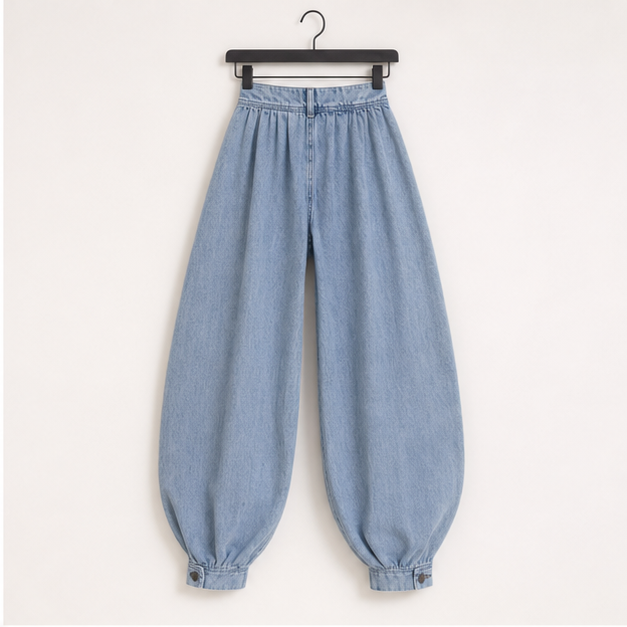 Womens Zipper Jeans High Waisted Loose Harem Trousers Baggy Wide Leg Vintage Balloon Casual Denim Pants - back view