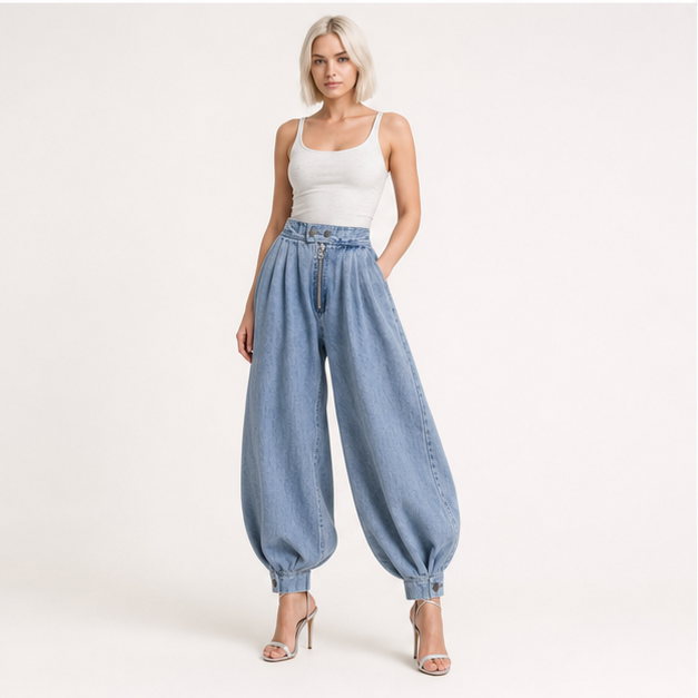 Womens Zipper Jeans High Waisted Loose Harem Trousers Baggy Wide Leg Vintage Balloon Casual Denim Pants - model view