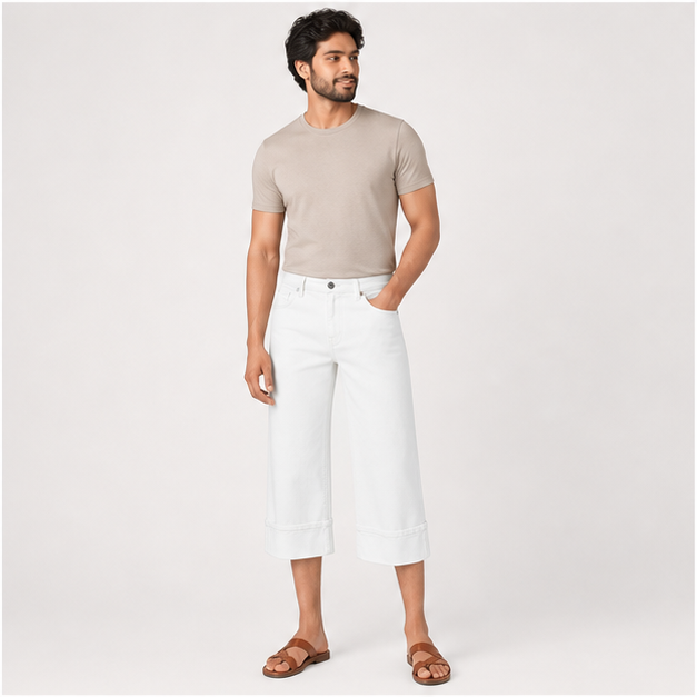 Capris Jeans for Women Wide Leg High Waisted Casual Summer Roll Hem Cropped Stretch Denim Jean Capri Pants - model view