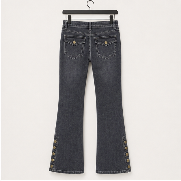 Women's Buttoned Hem Bootcut Jeans Without Belt Mid Waist Casual Pants Navy Blue - back view