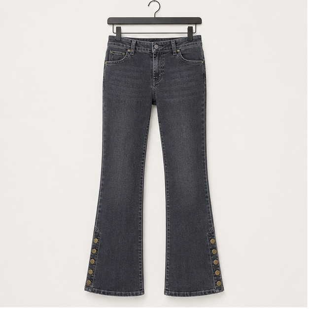Women's Buttoned Hem Bootcut Jeans Without Belt Mid Waist Casual Pants Navy Blue - front view