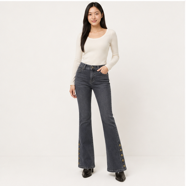 Women's Buttoned Hem Bootcut Jeans Without Belt Mid Waist Casual Pants Navy Blue - model view