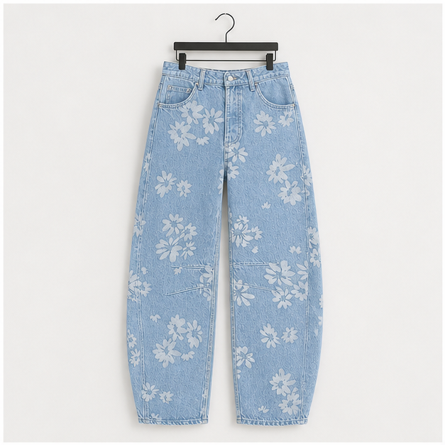 Women's Mid Rise Baggy Barrel Jeans Floral Printed Wide Leg Y2k Boyfriend Jeans Denim Ankle Pants - front view