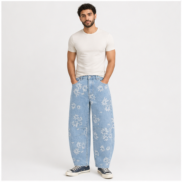 Women's Mid Rise Baggy Barrel Jeans Floral Printed Wide Leg Y2k Boyfriend Jeans Denim Ankle Pants - model view