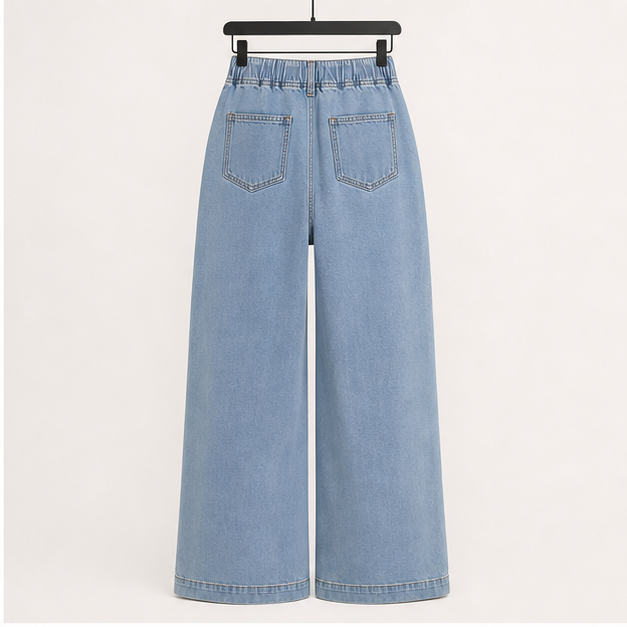 Womens Drawstring Baggy Wide Leg Jeans High Elastic Waist Boyfriend Jeans with Deep Pockets Trendy Denim Pants - back view