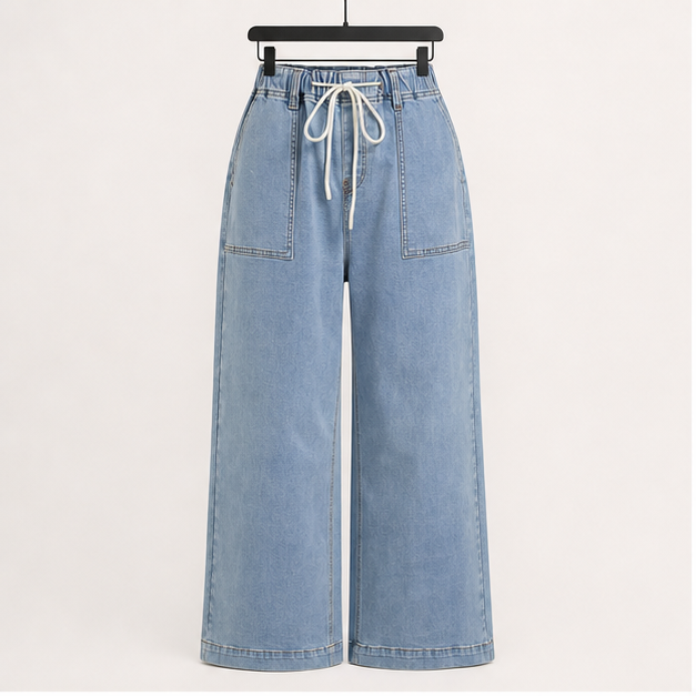 Womens Drawstring Baggy Wide Leg Jeans High Elastic Waist Boyfriend Jeans with Deep Pockets Trendy Denim Pants - front view