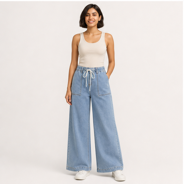Womens Drawstring Baggy Wide Leg Jeans High Elastic Waist Boyfriend Jeans with Deep Pockets Trendy Denim Pants - model view