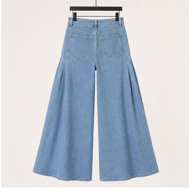 Women Bell Bottom Jeans High Waist Stretch Wide Leg Baggy Flared Pleated Vintage Casual Loose Denim Pants - back view