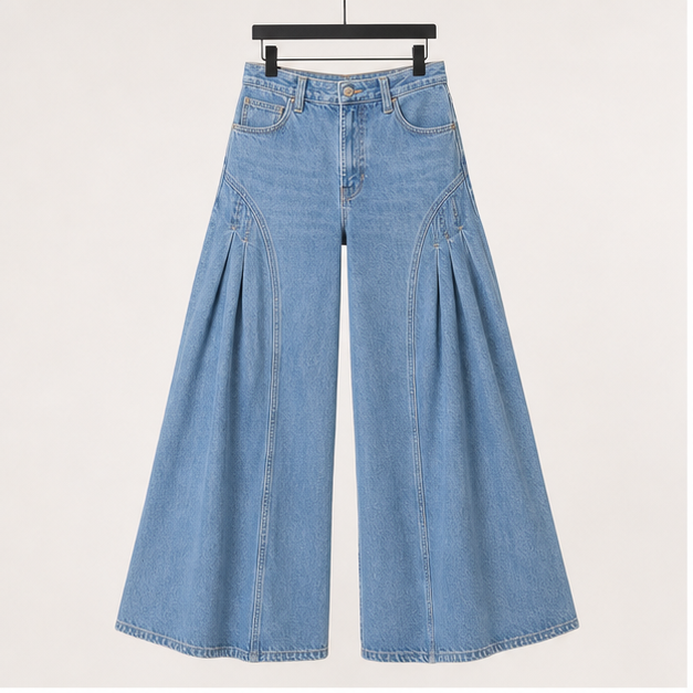 Women Bell Bottom Jeans High Waist Stretch Wide Leg Baggy Flared Pleated Vintage Casual Loose Denim Pants - front view
