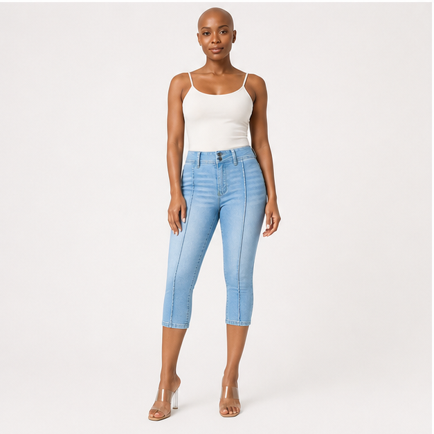 Women's Capri Pants Trendy Mid Rise Skinny Stretchy Front Seam Denim Jeans - model view