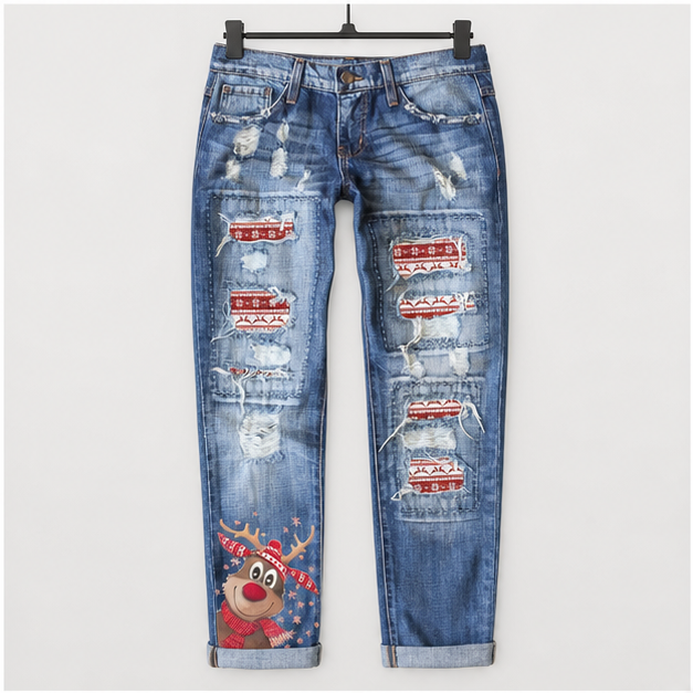 Ripped Jeans for Women Plaid Patch Boyfriend Skinny Distressed Denim Jean Pants - front view