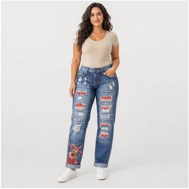Ripped Jeans for Women Plaid Patch Boyfriend Skinny Distressed Denim Jean Pants - model view
