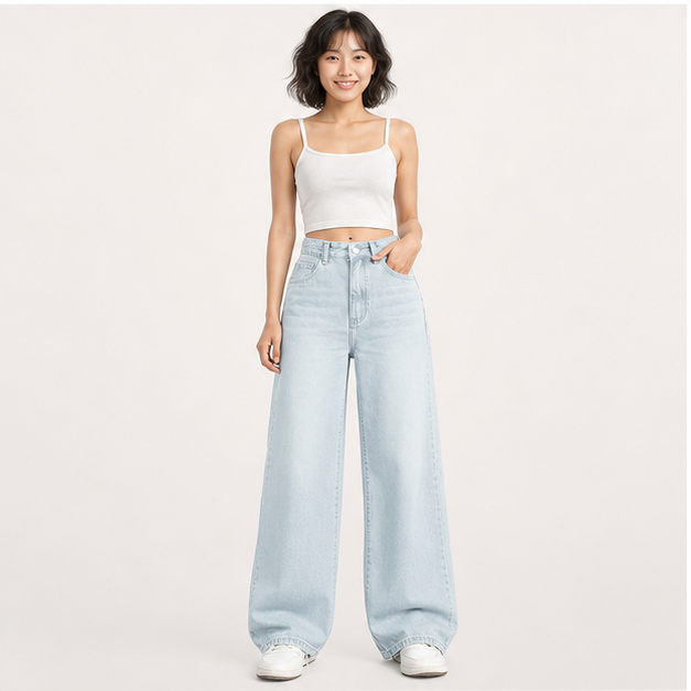 High Waisted Wide Leg Loose Stretchy Boyfriend Denim Pants Baggy Jeans for Women - model view