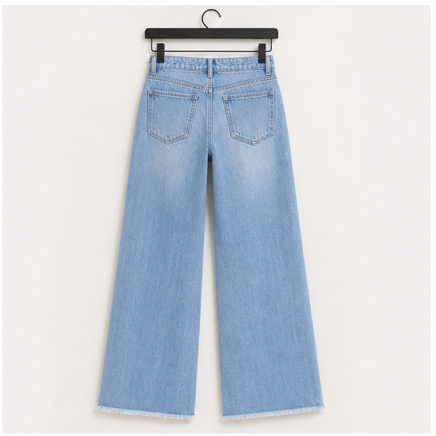 Women's Wide Leg Jeans High Waisted Stretchy Raw Hem Zimbaplatinum Denim Pants - back view