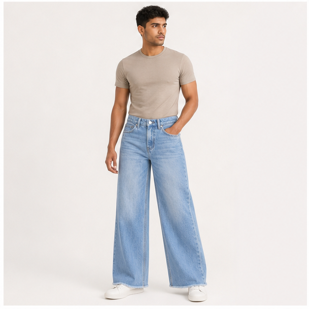 Women's Wide Leg Jeans High Waisted Stretchy Raw Hem Zimbaplatinum Denim Pants - model view
