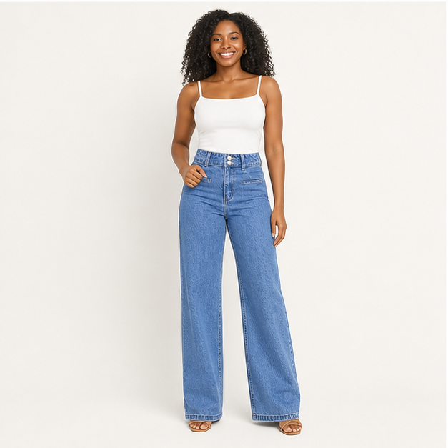 Women's Jeans High Waisted Straight Leg Stretchy Jeans Trendy Loose Wide Leg Zimbaplatinum Denim Pants with Pockets - model view