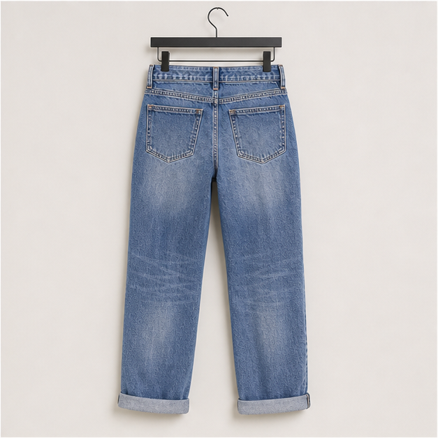 Women's Stretchy Straight Leg Casual Mid Rise Jeans Wash Button Fly Stitch Detail 90s Trendy Denim Jeans - back view