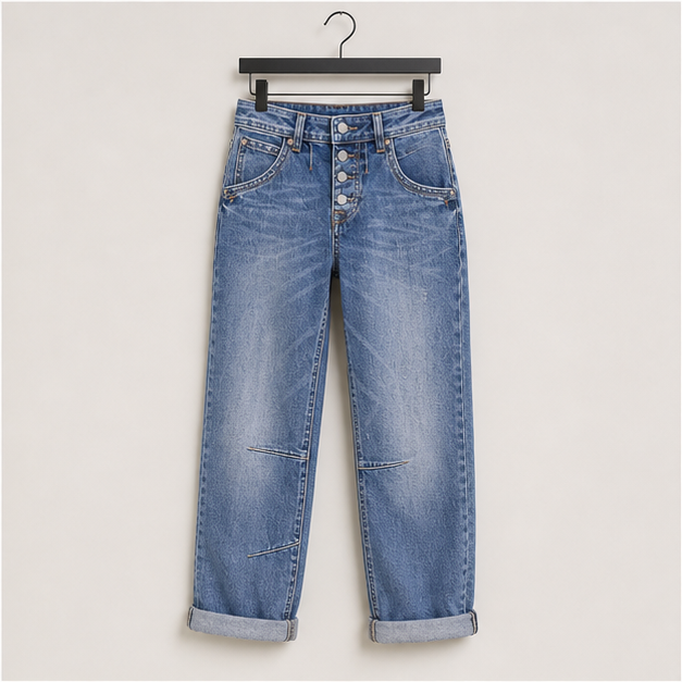 Women's Stretchy Straight Leg Casual Mid Rise Jeans Wash Button Fly Stitch Detail 90s Trendy Denim Jeans - front view