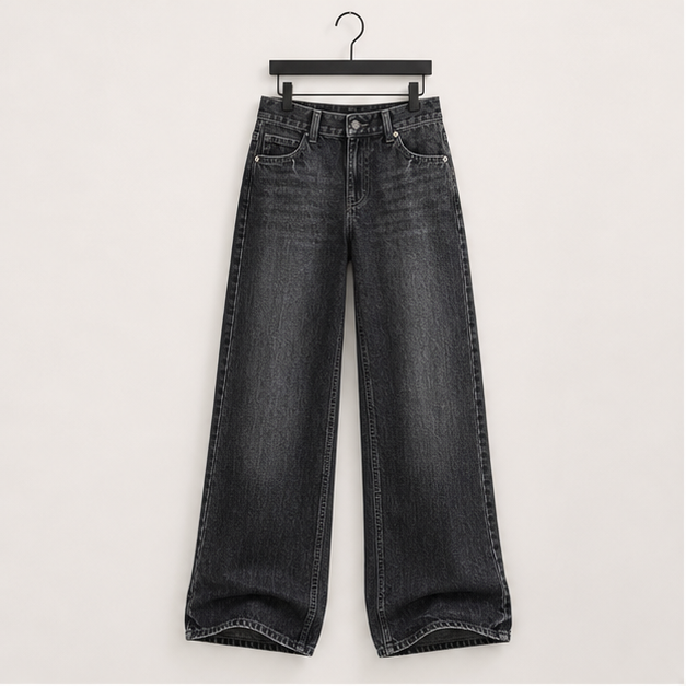 Wide Leg Jeans for Women Mid Waist Baggy Stitch Decor Denim Washed Pants Without Belt - front view