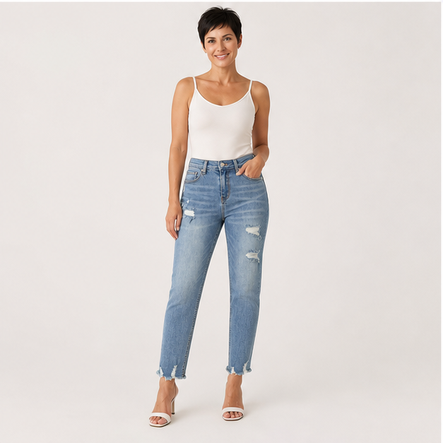 Women's High Waisted Tummy Control Straight Ankle Ripped Jeans - model view