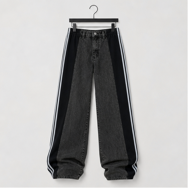 Womens Jeans with Patchwork Stripes High Waisted Stretchy Denim Color Block Straight Wide Leg Trendy Jean - front view