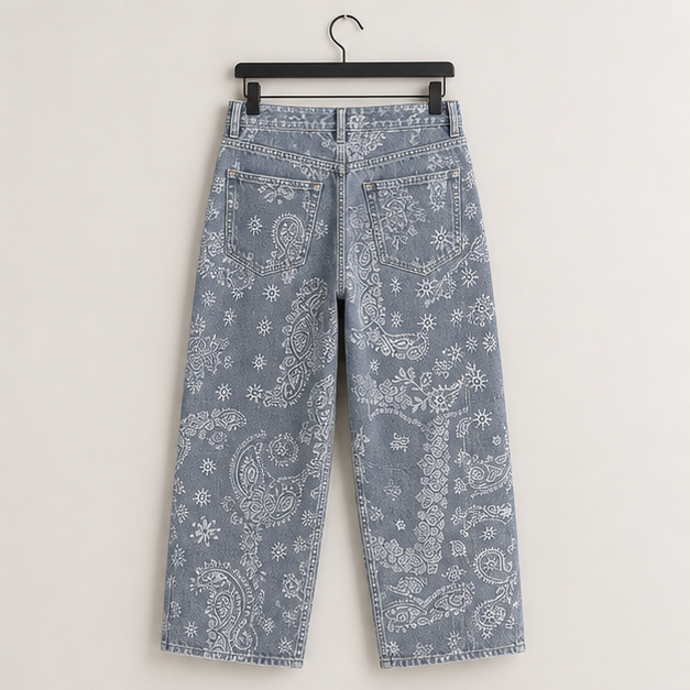 Women Boyfriend Baggy Barrel Jeans Floral Print Denim Ankle Pants Wide Leg Mid Rise Jeans Sweatpants Y2k Patchwork - back view